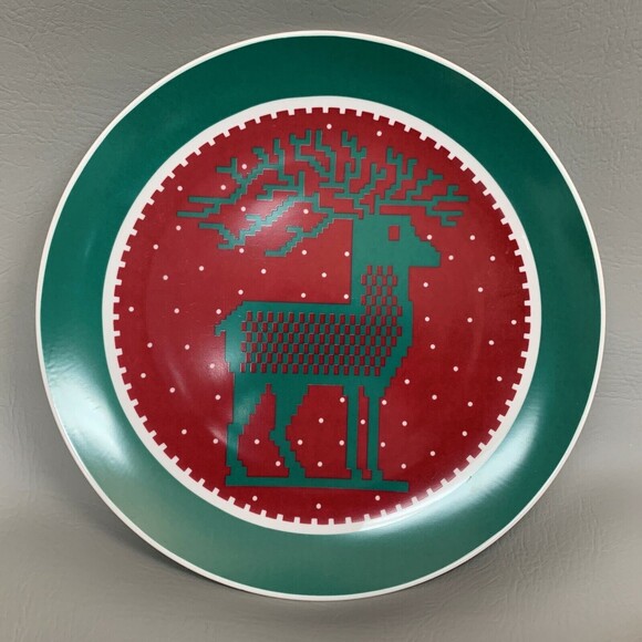 Dept. 56 Dinner Chop Plate Sampler Reindeer 12 1/4" Green Red Made in Japan - Picture 1 of 5